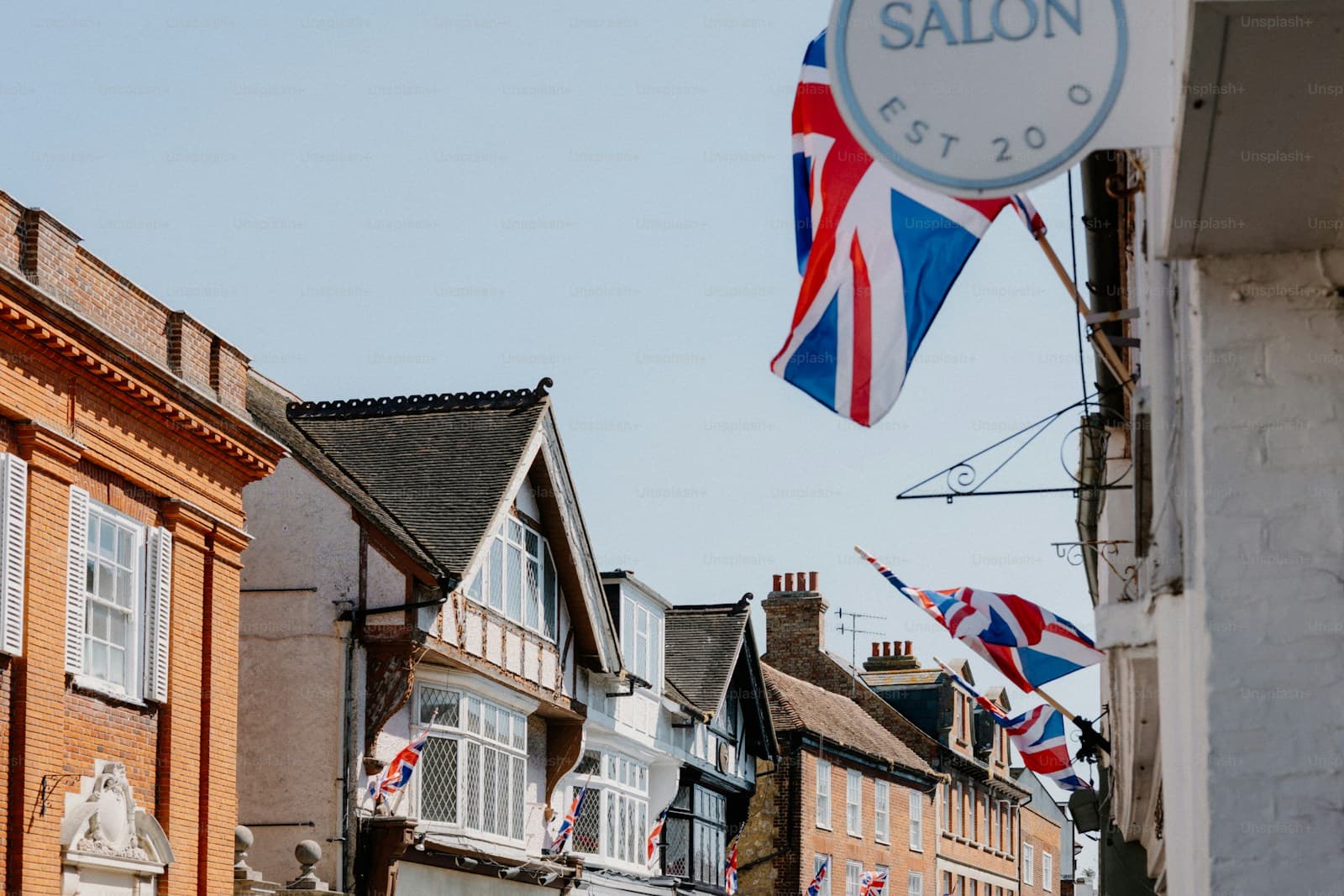 British shopfront with union jack flags